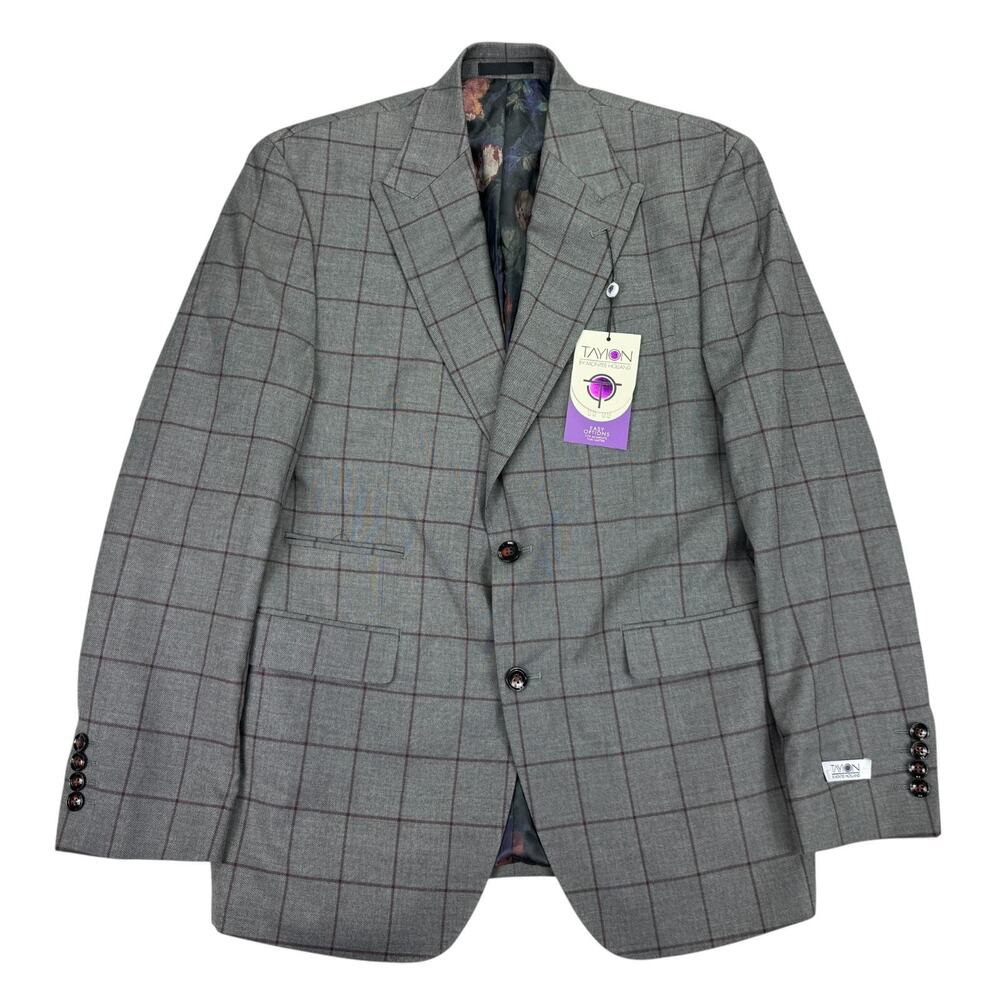 Tayion Mens Acontour Classic Fit Windowpane Suit Jacket Gray Burgundy 38R